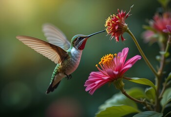 Hummingbird hovering in mid-air as it collects nectar from a vibrant flower