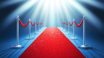Red carpet at prestigious ceremony with bright spotlight , red carpet, ceremony, spotlight, glamorous, event, famous, vip. Dewlight. Illustration