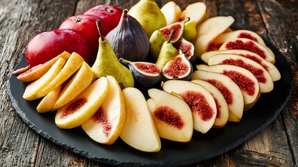 A black slate plate displaying sliced apples, pears and figs in a cascading pattern for a rustic presentation
