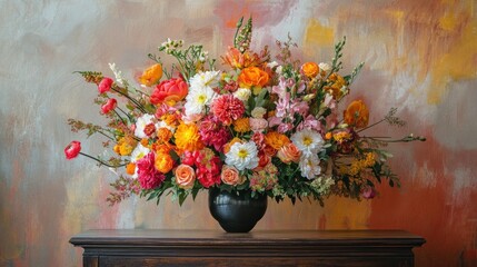 Vibrant flower bouquet arranged on a coffee table in a cozy room