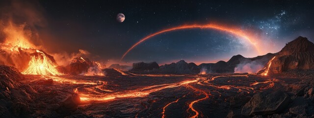 A stunning perspective of a remote volcanic field with glowing lava rivers and a rare, bright planetary alignment forming a celestial arc over the fiery landscape, Volcanic field scene