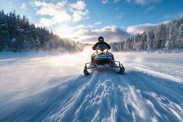 In deep snowdrift snowmobile rider driving fast. Riding with fun in white snow powder during backcountry tour. Extreme sport adventure, outdoor activity during winter holiday on ski mountain resort.