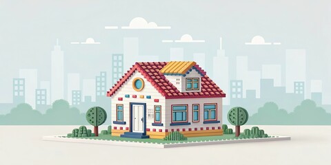 3d cute house pixel art illustration with city landscape background
