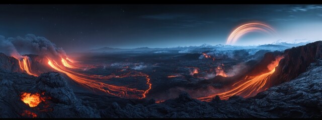 A stunning perspective of a remote volcanic field with glowing lava rivers and a rare, bright planetary alignment forming a celestial arc over the fiery landscape, Volcanic field scene