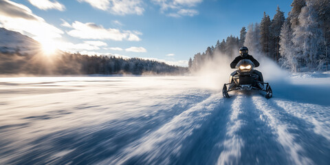 In deep snowdrift snowmobile rider driving fast. Riding with fun in white snow powder during backcountry tour. Extreme sport adventure, outdoor activity during winter holiday on ski mountain resort.