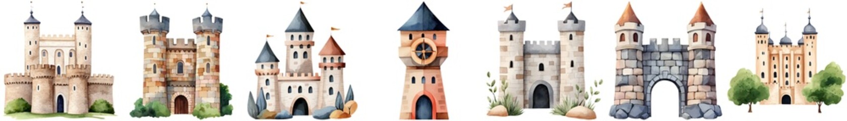 Monument cultural and iconic, A collection of colorful castles, each featuring unique architectural details and styles, showcasing various towers and motifs.