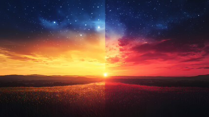 Fototapeta premium Vibrant sunset sky with precise symmetric divide between warm golden day and dark starry night, symbolizing equinox balance. Dewlight. Illustration