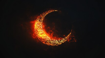 Abstract Crescent Moon with Glowing Arabic Calligraphy