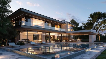 Obraz premium Modern villa with swimming pool at dusk. Luxury house in the evening