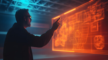 A coach drawing glowing strategies on a virtual court during a timeout.