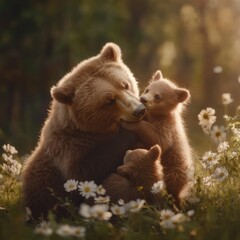 Fototapeta premium Tender moments of bear mother and cubs in soft light nature wildlife serene environment close-up view