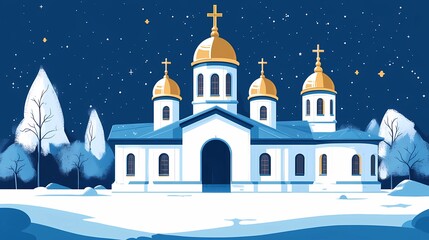 Fototapeta premium Traditional Orthodox church with intricate architecture and domes, creating a peaceful and inspiring visual, book illustration-inspired design