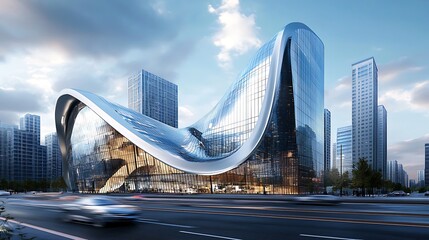 Obraz premium office building exterior glass facade at sunset view