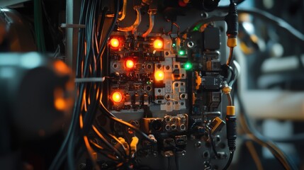 Close up of an electronic circuit board featuring various components and glowing orange and green indicator lights, highlighting activity in a manufacturing environment