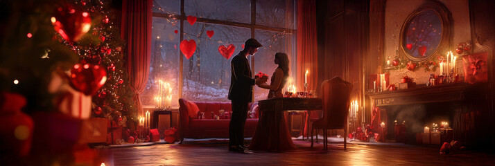 A heartfelt Valentine's Day celebration, with a couple sharing gifts in a warm, candlelit room adorned with red and pink decorations, capturing the magic of love, banner