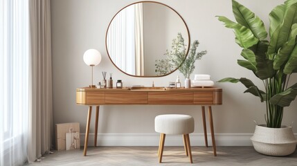 A dressing table with a mirror in a modern, stylishly designed room