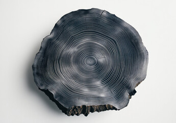 An isolated wood slice captures intricate growth rings and unique textures, highlighting the beauty of natural wood. The top view emphasizes its organic patterns against a simple background.