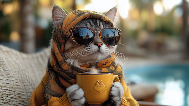 A super cute adorable kitten cat kitty, wearing sunglasses and fashionable scarf around its head and neck, chilling, hanging out on a lounger poolside like a diva queen. Pool party in Palm Spring