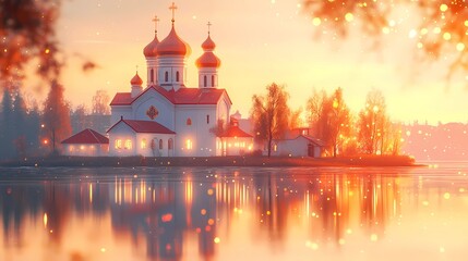 Orthodox church with majestic domes under a serene sky, evoking spiritual tranquility and timeless beauty, artistic book illustration style