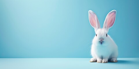 Obraz premium A minimalistic modern Easter bunny design featuring a sleek, simple white bunny silhouette on a soft blue background, creating a clean and festive wallpaper.