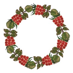 Colourful illustration of round wreath or frame from forest plants as big red raspberries and green leaves on the white background.