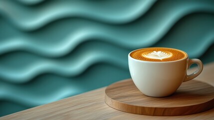 Obraz premium Latte art in white cup on wooden coaster.