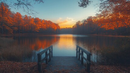 Naklejka premium Serene autumn sunset over calm lake, reflected in still water, wooden dock.