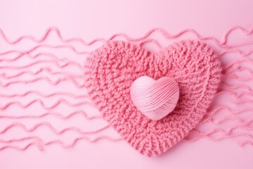 Fototapeta premium Crochet Heart on Pink Woolen Background. Threaded Craft of Nubes Yarn with Rustic and Pretty Sparkle Accents