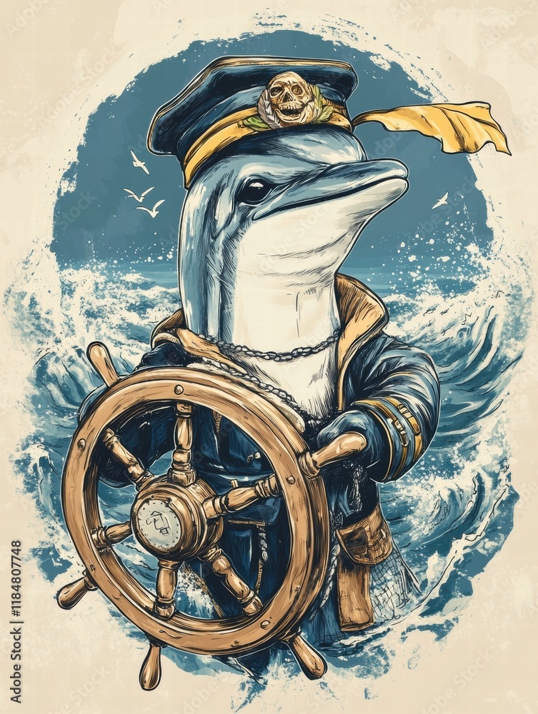 Poster dolphin dressed as ship captain steering with a wheel in the ocean waves. generative ai