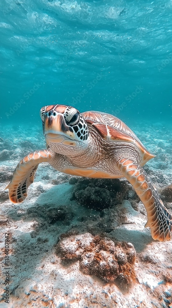 Poster a sea turtle swims elegantly beneath a sunlit ocean surface, navigating through a colorful underwate