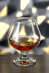 Glass of cognac on wooden table on background of wall with spotlights. Bar theme. Dark environment. 3d rendering.