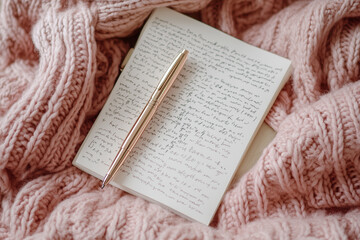Obraz premium Handwritten love notes on a warm pink blanket inviting feelings of affection and connection