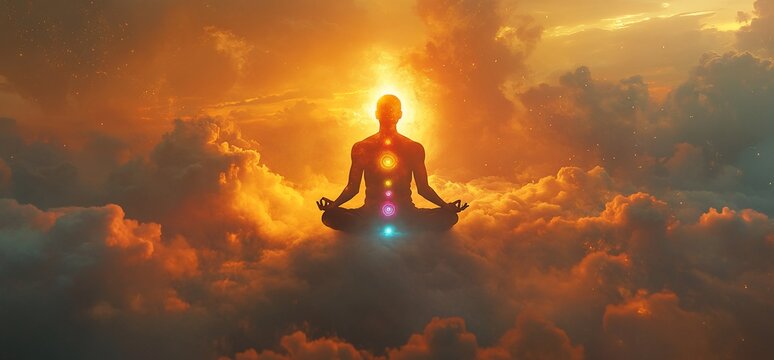 Serene figure meditating amidst vibrant sunset clouds, showcasing illuminated chakras.