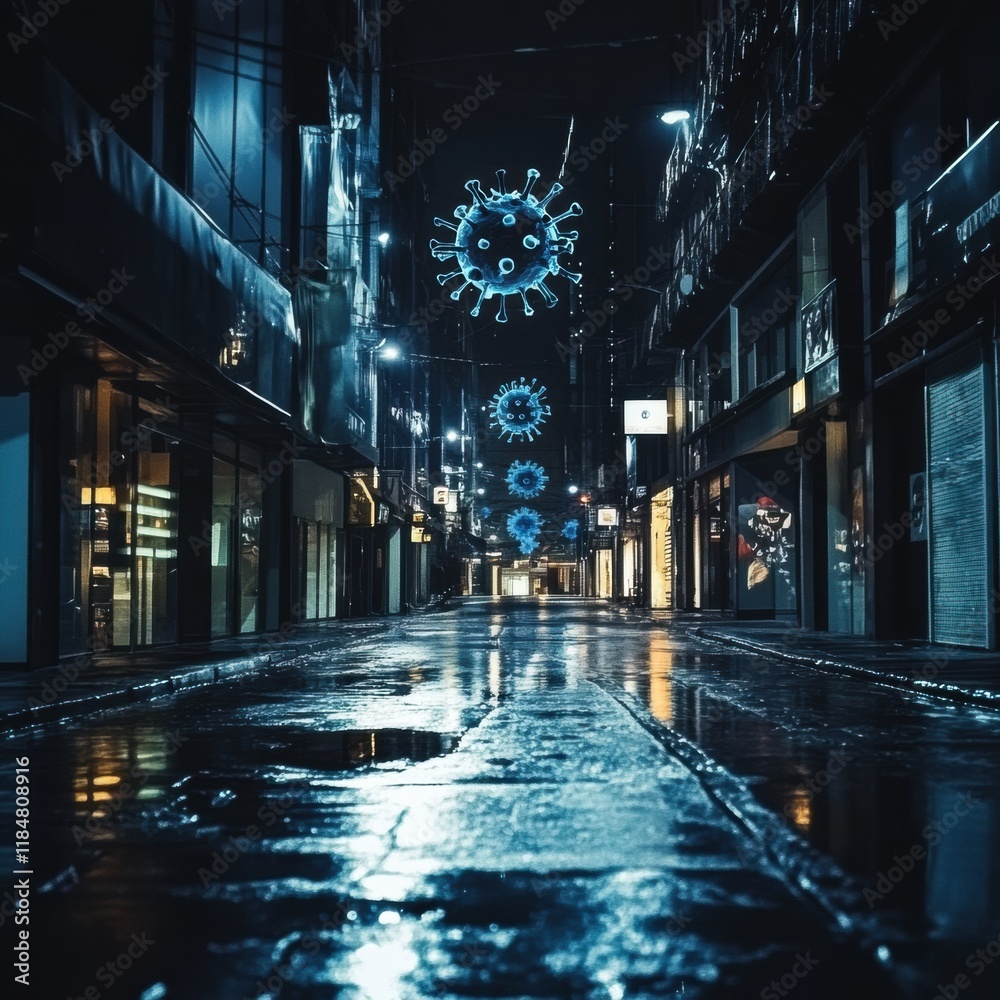 Poster empty urban street illuminated by night with symbolic virus motifs reflecting on rain soaked pavemen
