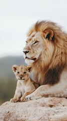 Obraz premium Loving lion and cub bonding moments african savanna wildlife natural habitat close-up animal care concept