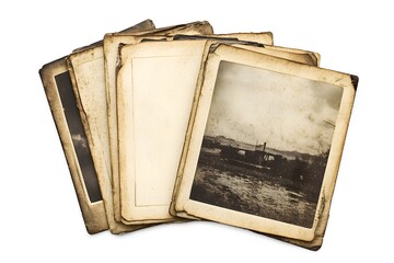 Vintage photos, aged, stack, memories, white background, landscape, nostalgic, history, design, scrapbook