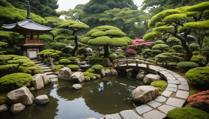 Jardin paysage japonais paisible avec éléments traditionnels, verdure luxuriante et lumière naturelle.