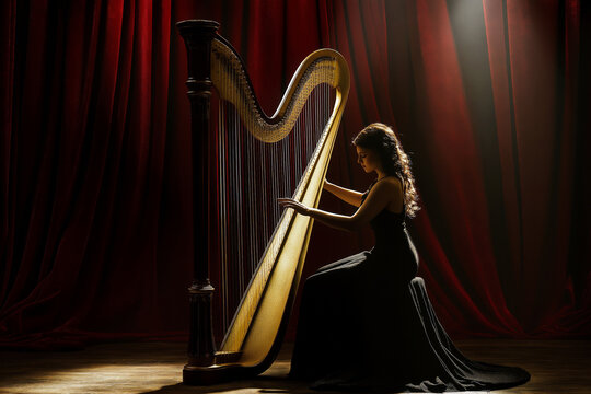 Elegant female harpist playing a golden harp on stage during a formal classical music concert, soft spotlight on the harp, luxurious red velvet curtain in the background.