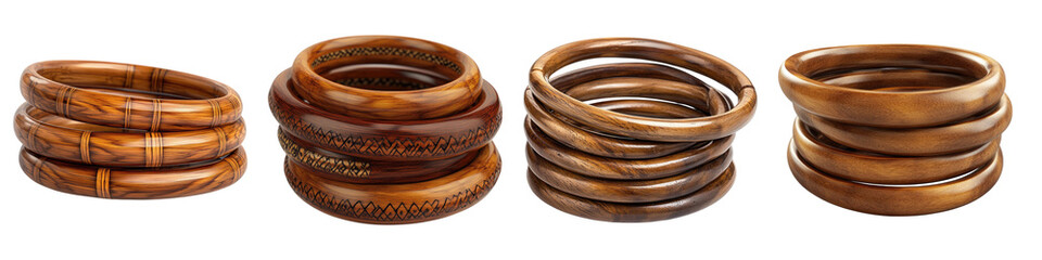 Wooden bangles stacked isolated on transparent background, Set of