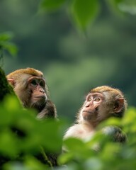Monkeys grooming each other in lush forest wildlife observation nature close-up view animal behavior