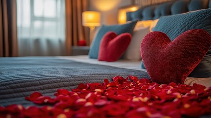 A romantic bedroom with a plush red heart pillow, soft blue bedding, and a scattering of red rose petals. Warm ambient lighting and sheer curtains create a cozy, intimate atmosphere.