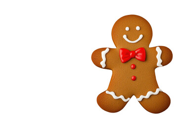 A cheerful gingerbread man with red bow tie and icing details stands out against transparency background, evoking festive and joyful holiday spirit
