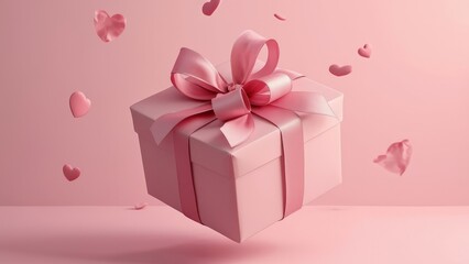 Fototapeta premium Pink gift box with ribbon on heart decorated pink background