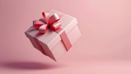 Obraz premium Pink gift box with ribbon on heart decorated pink background