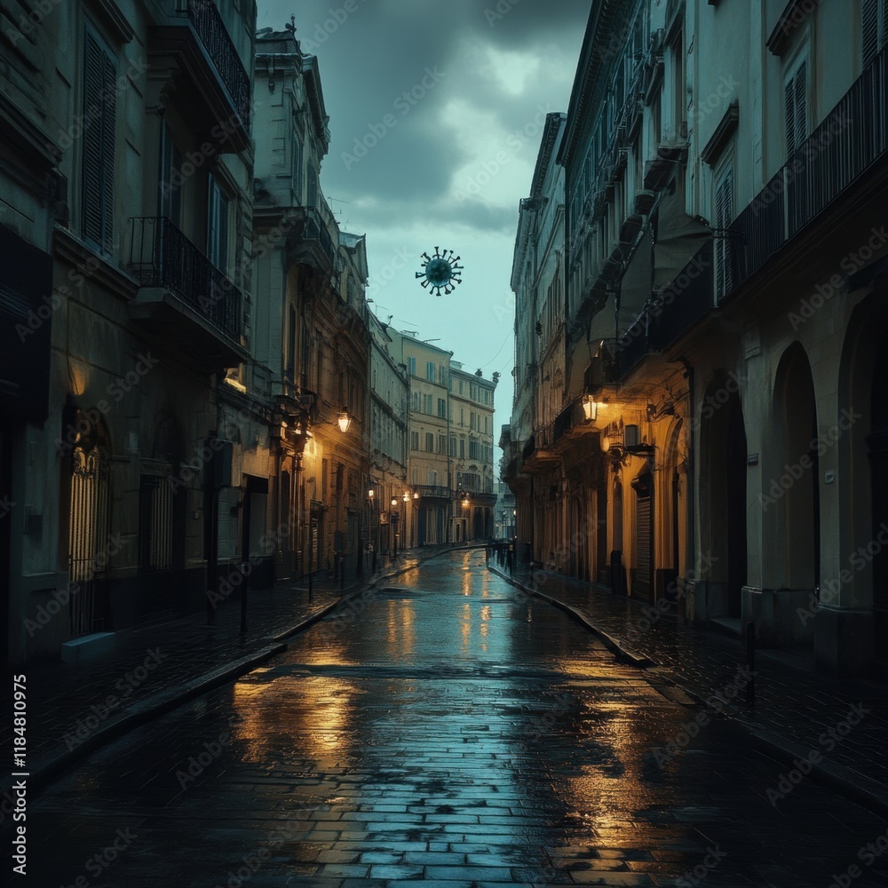 Aufkleber Empty urban street illuminated by warm lights with virus motif symbolically hovering above. Generative AI