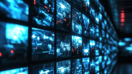 Fototapeta premium Surveillance Room with Glowing Screens in Dim Light