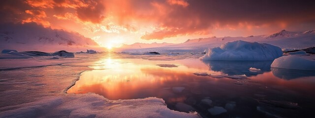 Fototapeta premium A stunning shot of a high-altitude glacier lagoon with reflective icebergs and a rare, vivid solar flare casting dramatic light patterns across the frozen water, Glacier lagoon scene
