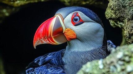 Close-up portrait of a colorful puffin peering from its burrow.