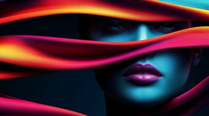 Fototapeta premium A woman's face is partially obscured by vibrant, flowing fabric. The image is striking and evocative.