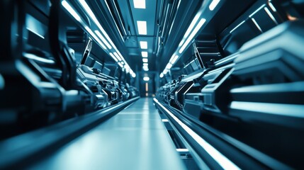 Fototapeta premium Futuristic industrial machines processing materials in a long corridor with blue lights, creating a scene of advanced manufacturing and technological innovation